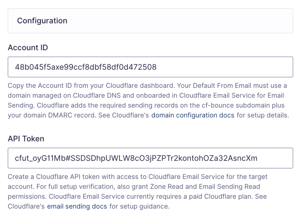 Image showing Cloudflare Email Configuration Settings