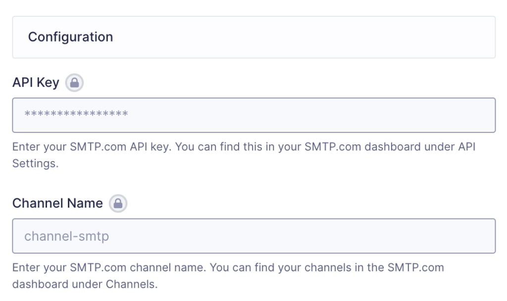 Image showing API Key and Channel Name settings for SMTP.com