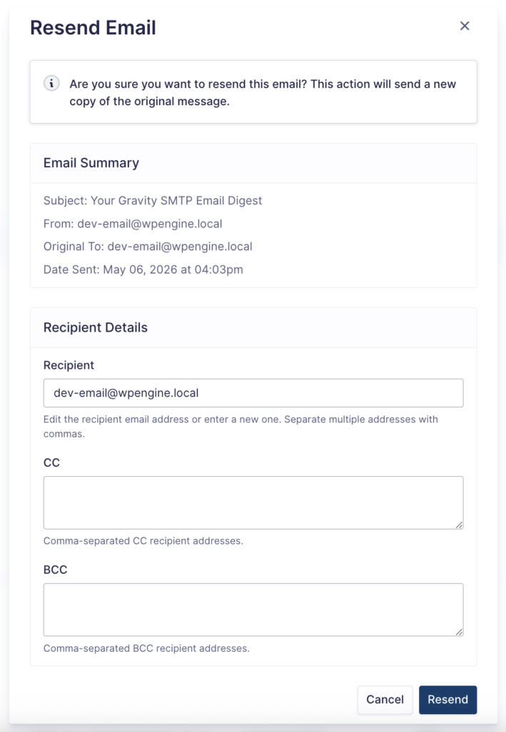 Image showing Gravity SMTP Resend dialog