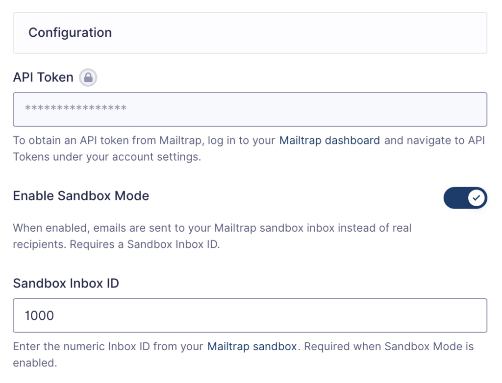 Image showing API Key settings for Mailtrap