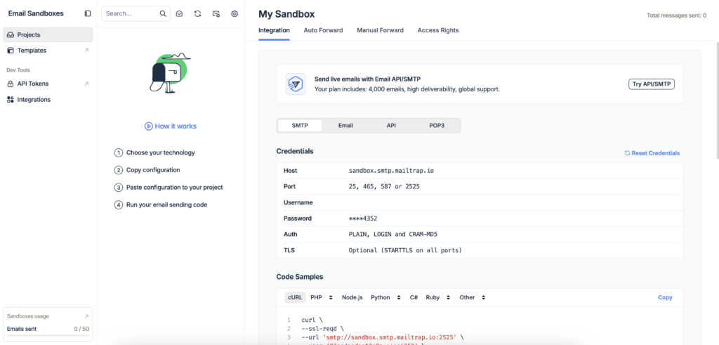 Image showing Mailtrap Sandbox settings
