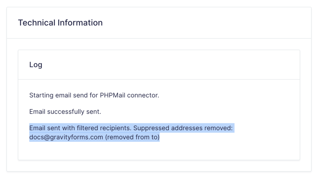Image showing an email log with suppressed addresses.