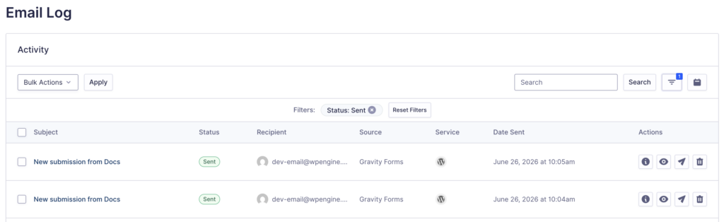 Image showing a filtered Email Log