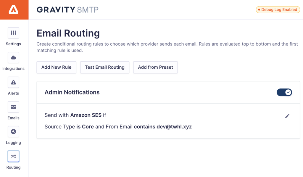 Image showing Email Routing rule.