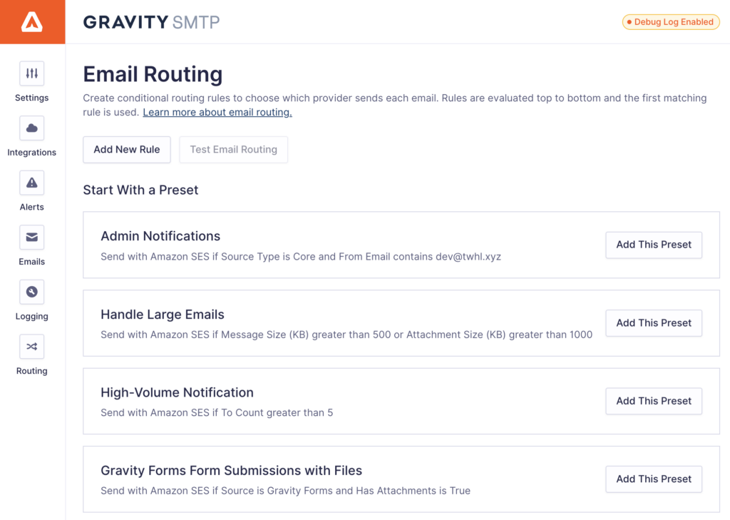 Image showing Email Routing Presets.