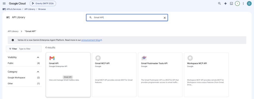 Image showing Gmail API in the Google Cloud Console