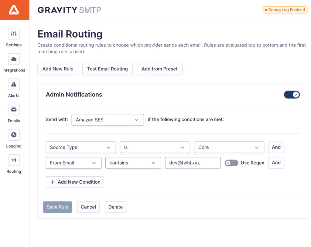 Image showing Email Routing rule setup.