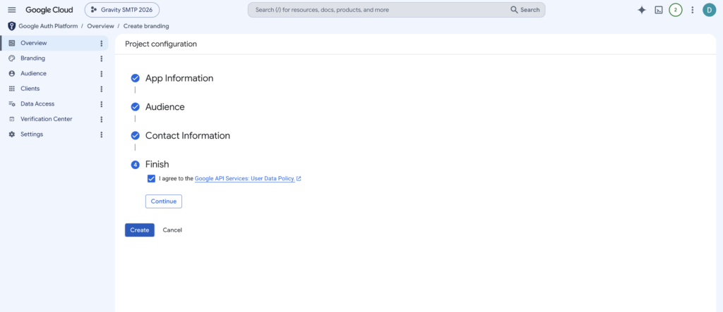 Image showing the Google Auth Platform dashboard