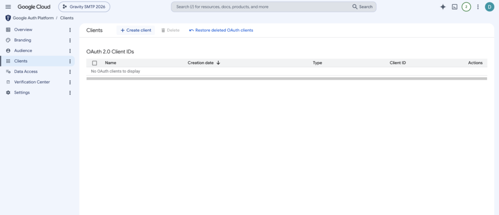 Image showing the OAuth Client dashboard