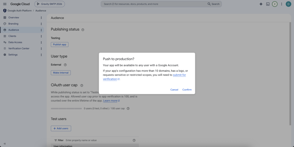 Image showing confirmation dialog to publish an app to production in the Google Cloud Console
