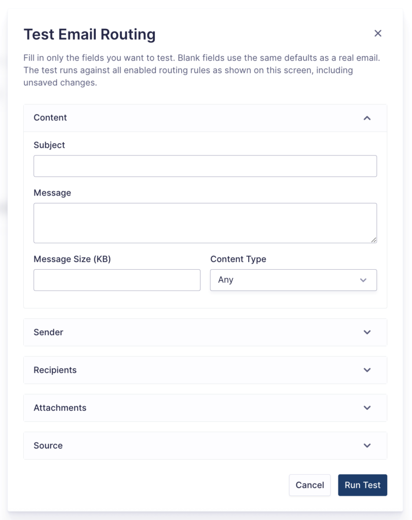 Image showing Test Email Routing modal